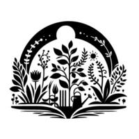 Monochrome floral garden illustration with sun, plants, watering can, and arc, representing growth and nature. vector