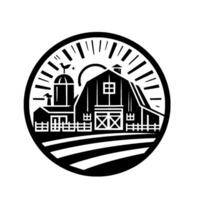 Silhouette Barn Scene Within a Circular Frame A Farmhouse, Silo, Fields, and Rising Sun in a Minimalist Black White . vector