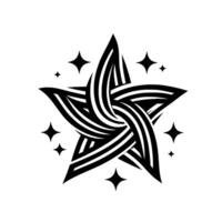 Intricate Black and White Star with Interwoven Lines and Sparkling Accents on a White Background. vector