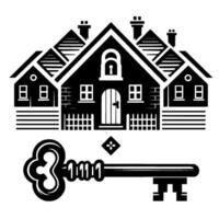 Silhouette of a black and white house with a key in the foreground, symbolizing home ownership or security. vector
