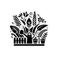 A stylized monochrome garden illustration featuring plants, a watering can, a small picket fence, and potted foliage in a symmetrical . vector
