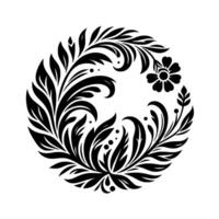 Circular Black and White Floral featuring Leaves, Flowers, and Swirls within a symmetrical composition on a white background. vector