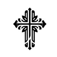 Intricately designed black ornate cross on a stark white background, featuring a stylized floral and leaf pattern. vector