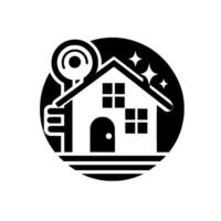 Minimalist Black and White House Key with Cleanliness Sparkles in a Circle, Representing Real Estate. vector