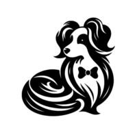 Elegant monochromatic dog , featuring a stylized black and white Collie with a bowtie, poised in a seated position on a white background. vector