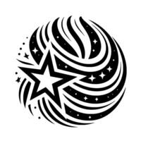 Black and white celestial featuring a large fivepointed star encircled by swirling, starspeckled bands, creating a dynamic and stylized illustration. vector
