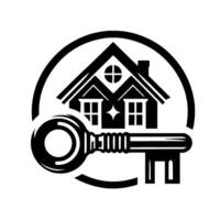 A stylized black and white featuring a house silhouette intertwined with a key inside a circular frame, symbolizing home ownership. vector
