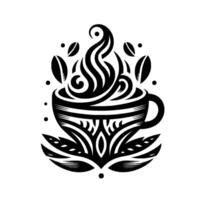 Intricate Black White Coffee Cup with Steam, Beans, and Floral Base, Tribal Art Style on White Background. vector