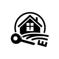 Black and White Real Estate A House with a CrossShaped Window Enclosed by a Circle and a Key, Emphasizing Property Ownership. vector