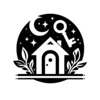 Black and White Illustration A house silhouette with a key, moon, stars, and foliage, set within a circular night sky backdrop. vector