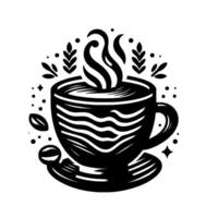 Artistic Black White Illustration of a Steaming Coffee Cup with Leaves and Beans, Set on a Saucer, Minimalist . vector