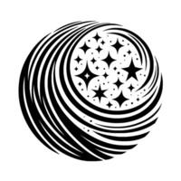 Black and white stylized swirling orb with a cluster of stars and dots inside, evoking cosmic energy and motion on white. vector