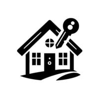 Minimalist Black and White House Illustration with Key Symbol, Representing Home Ownership, Real Estate, and Secure Property Access. vector