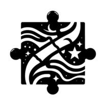 Black and white puzzle piece featuring a cosmic with wavy lines, stars, and celestial elements on a stark white background. vector