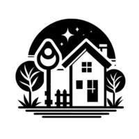 A black and white illustration of a home, key, and trees, nestled under a starlit sky, emphasizing the concept of homeownership. vector