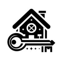 Symbolic black and white real estate , featuring a stylized house with a key, representing property access and ownership, minimalistic . vector