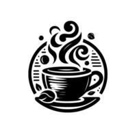 Minimalist coffee cup illustration featuring steam, beans, and leaves within a circular emblem, in black and white. vector