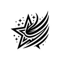 Black and white minimalist featuring a stylized star integrated with abstract winglike forms, surrounded by star and dot elements. vector