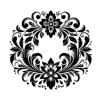Intricate symmetrical floral wreath in black and white, featuring detailed leaves, petals, swirls, and a central open space, creating an elegant, ornamental composition. vector