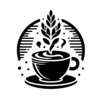 Black and white minimalist illustration of a coffee cup and saucer with plant emerging from the beverage, encircled by a stylized arc and dots. vector
