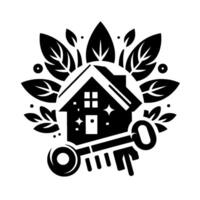 Black and White Illustration of a House with Foliage and a Key, Emphasizing Nature, Homeownership, and New Beginnings. vector