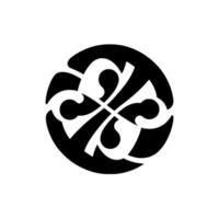 A minimalist black and white circular with a stylized fourpetal symmetrical floral emblem at its core, on a cream background. vector