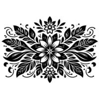 Intricate symmetrical black and white floral pattern with leaves, stylized flowers, curls, and dots, isolated on white, decorative element. vector