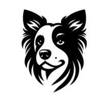 A stylized black and white illustration of a border collies face, showcasing a friendly expression with intricate fur details against a white background. vector