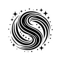 Swirling Abstract Black and White Composition with a central flowing encircled by dots and starbursts, set against a stark white backdrop. vector