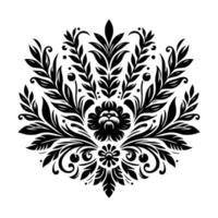 Symmetrical, floralinspired black and white featuring leaves, flowers, and ornate, symmetrical, abstract patterns on white background, for textile or decor. vector