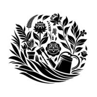 Ornamental, monochromatic garden in circular composition with flowers, leaves, gardening tools, and a watering can on a white background. vector