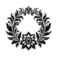 Intricate black and white floral wreath with stylized leaves, petals, and blossoms, creating a symmetrical, circular ornamental pattern on white background. vector
