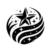 Black and White Stellar Emblem A fivepointed star centerpiece encircled by flowing cometlike patterns and other celestial stars on a clean white background. vector