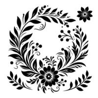 Intricate Black and White Floral Wreath with Detailed Leaves, Berries, and Isolated Flower Element on a Clean White Background. vector