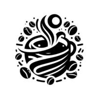 A stylized black and white illustration of a steaming coffee cup encircled by coffee beans and decorative elements. vector