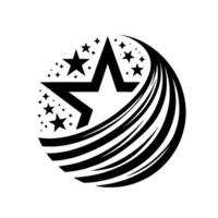 Bold Monochrome Composite Star with a large, stylized central star and smaller stars, enclosed within a circular shape, trailing cometlike lines. vector