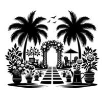 Serene Black and White Garden Scene with Palm Trees, Floral Arch, and Pathway, Featuring Relaxing Ambience. vector