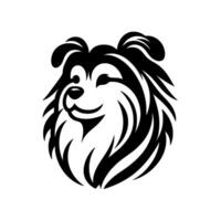 illustration of a smiling Collie dogs head, rendered in a bold black and white minimalist style on a white background. vector