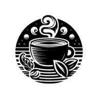 Monochrome coffee cup illustration in a circular frame, with stylized steam, leaves, and bean elements, on striped background. vector