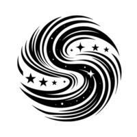 Abstract Yin Yang styled Black and White Spiral with Stars, representing celestial movement and balance. vector