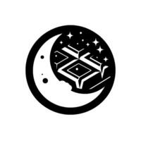 Symbolic Nightscape Crescent Moon, Geometric , Stars, and Clouds in a Circular Emblem. vector