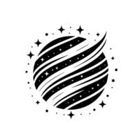 Black and white minimalist stylized depiction of a planet with striped surface, surrounded by stars and a swirling curved element. vector
