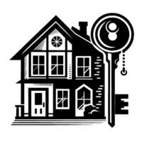 Monochromatic Illustration of a House and Key, Representing Home Ownership and Property Access. vector