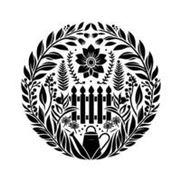 A detailed circular illustration of a garden scene, featuring flowers, foliage, a fence, and a watering can in a stark black and white . vector