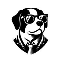 A cool, monochrome image of a dog with a black and white coat, wearing sunglasses, a suit jacket, and a tie, exuding confident and stylish vibes. vector