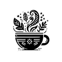 Stylized black and white illustration of a steaming teacup overflowing with decorative floral elements, evoking warmth and tranquility. vector