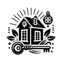Stylized Black and White Illustration of a House with a Key, Symbolic of Home Ownership, Security, and New Beginnings. vector