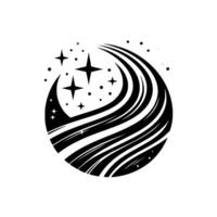 Black and white stylized depicting a celestial sphere with star bursts, emanating curved lines, and a celestial pattern. vector