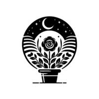 Symbolic black and white illustration of a potted rose blooming under a crescent moon, stars, and rolling hills, within a circular frame. vector