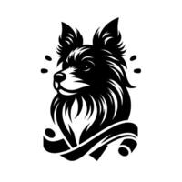 Stylized Black and White Border Collie Head with a Flowing Ribbon, Isolated on White, Sporting a Modern, . vector